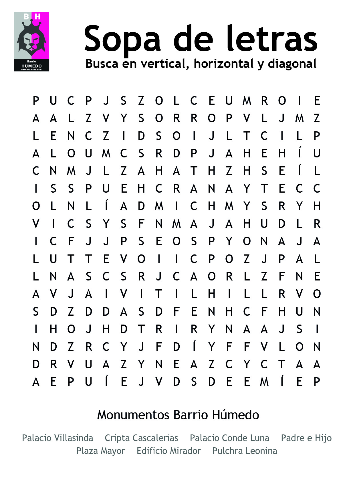 Sopa de letras. Monumentos Barrio Húmedo