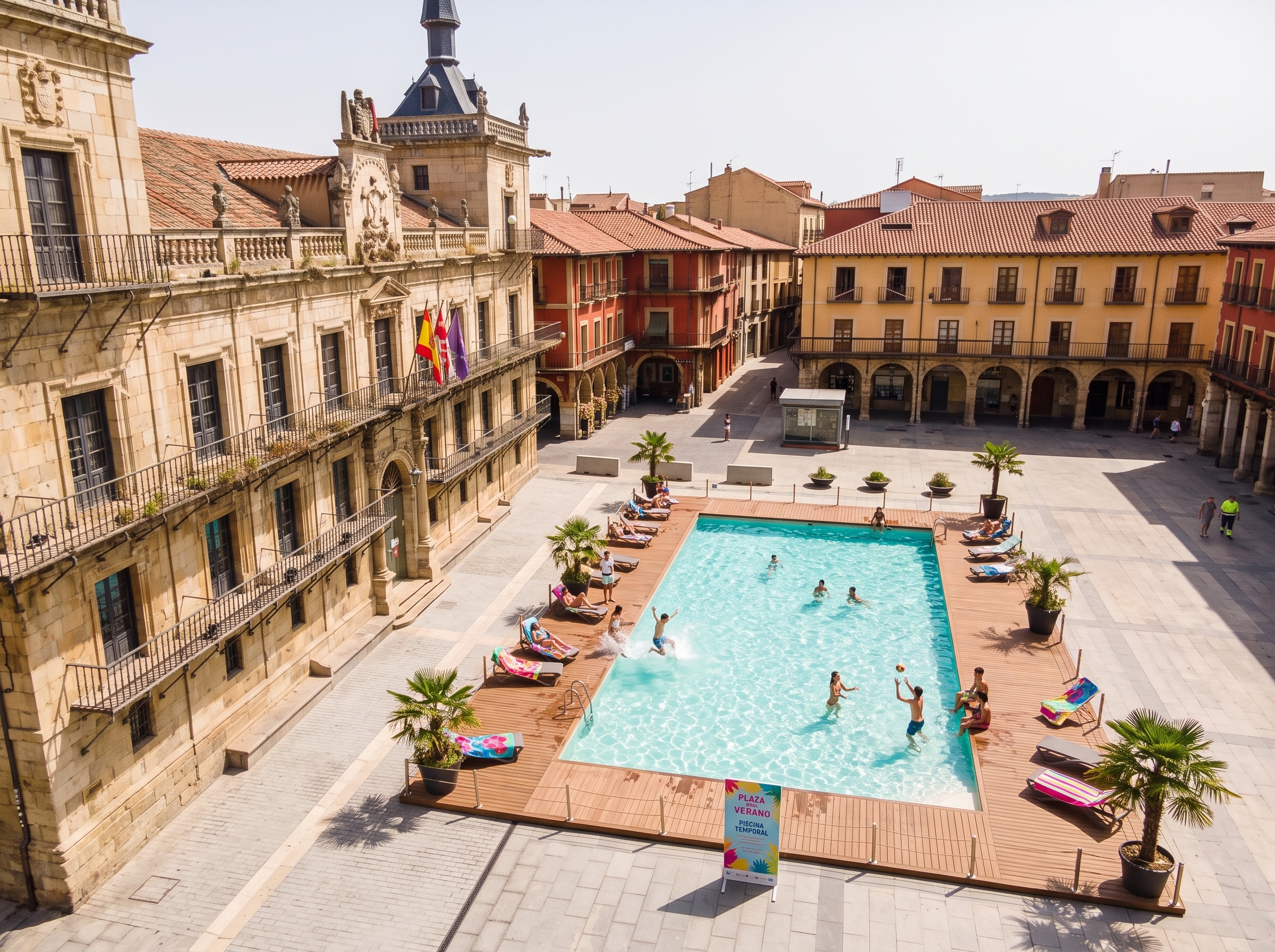 A la entreda de León... pisicina en la plaza Mayor de León