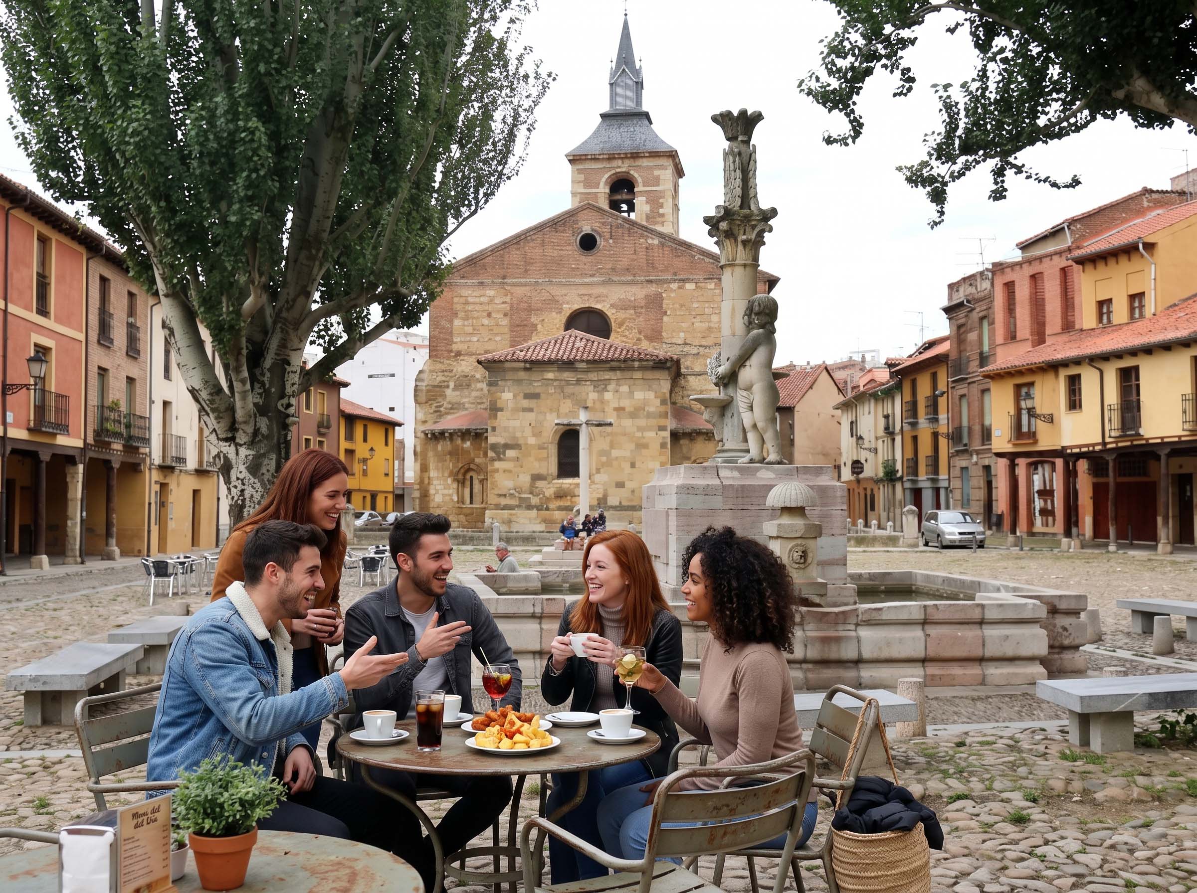 Un grupo de amigos toma algo en la plaza del Grano de León
