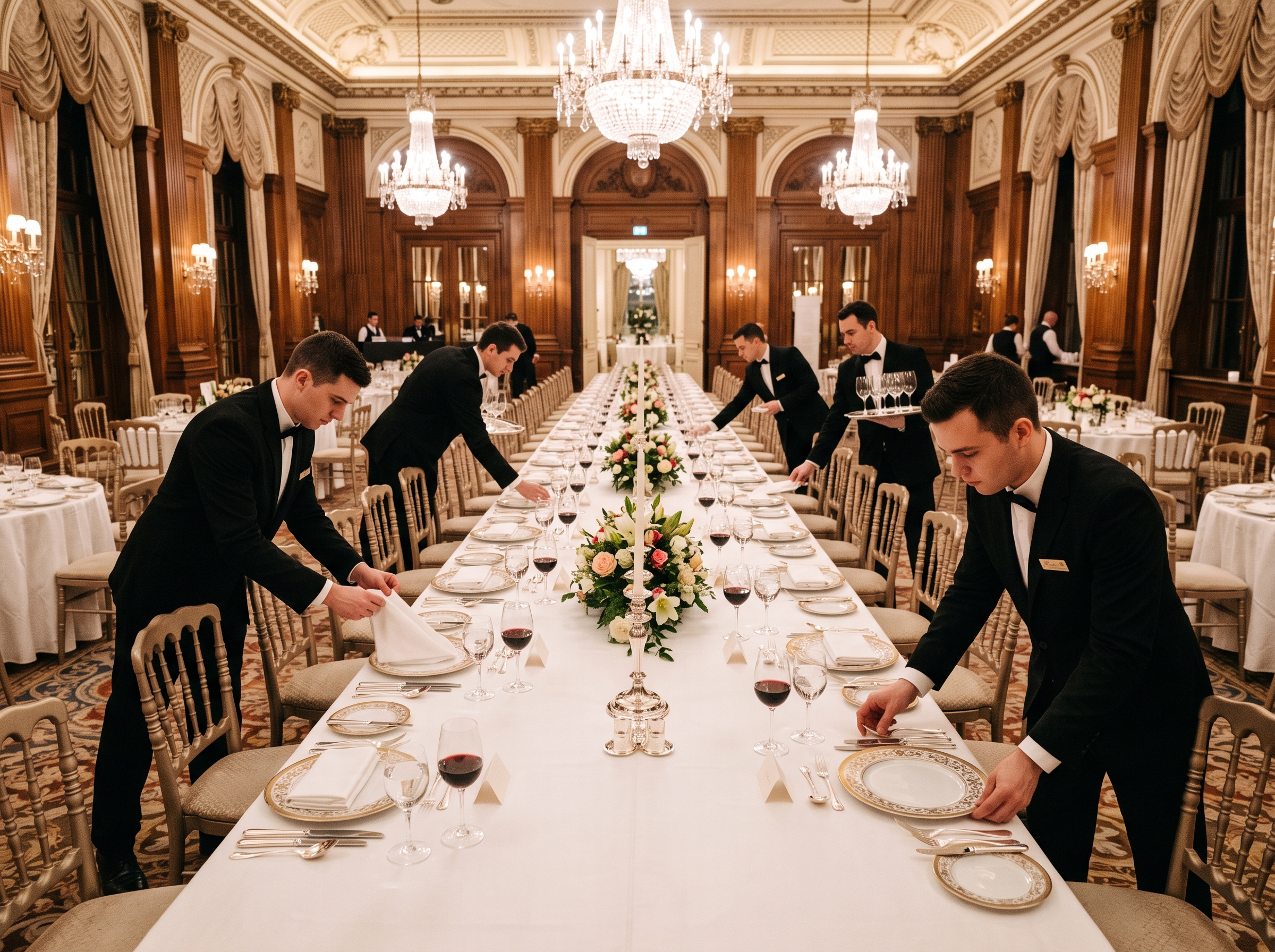 Un grupo de camareros prepara una mesa para celebrar un banquete oficial
