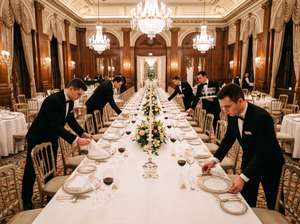 Un grupo de camareros prepara una mesa para celebrar un banquete oficial