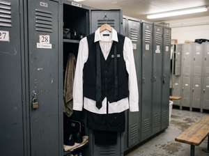 Vestuario típico de un camarero: pantalón negro, camisa blanca, chaleco y corbata