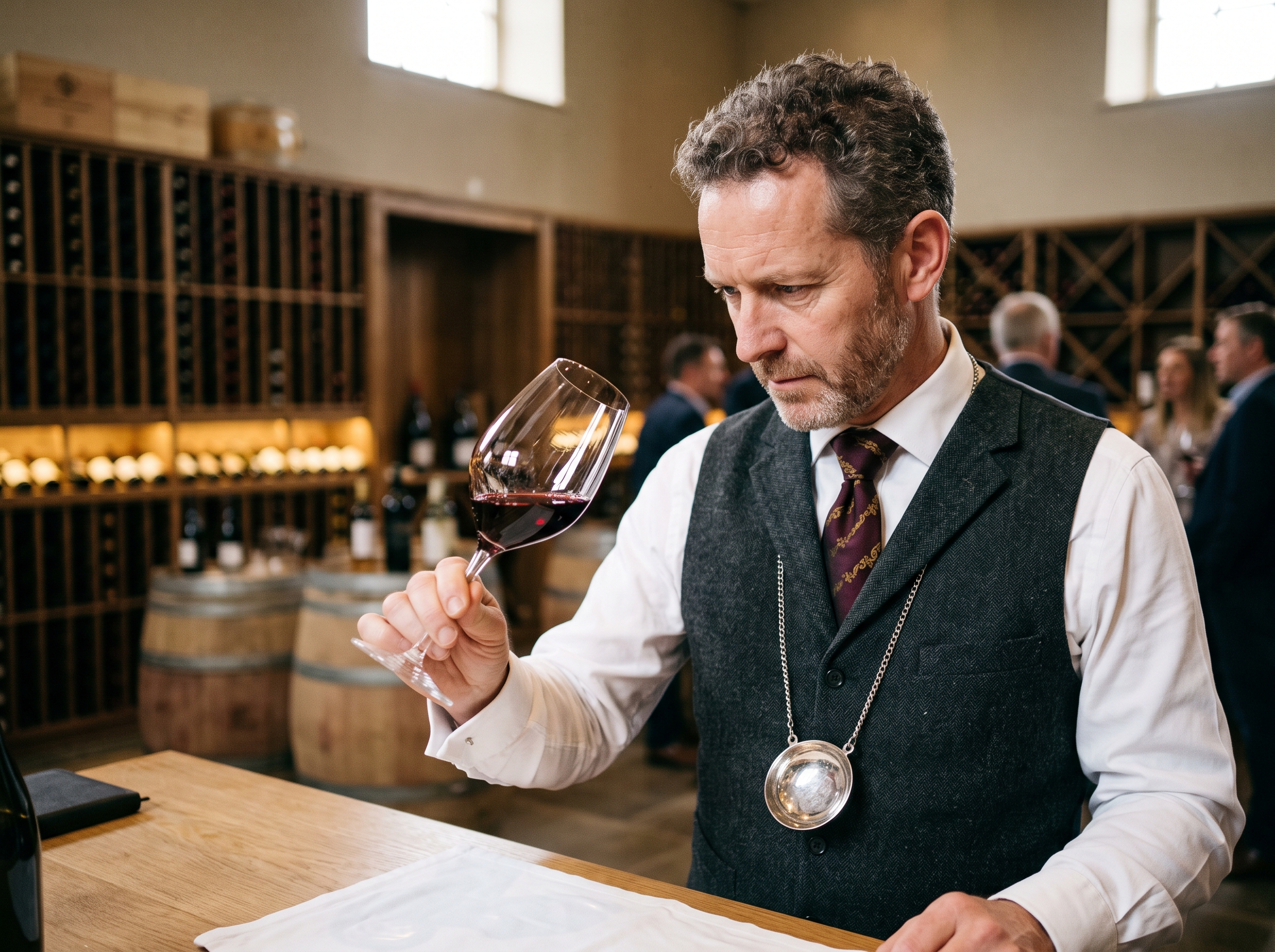 En sumiller o sommelier experto observa un vino tinto