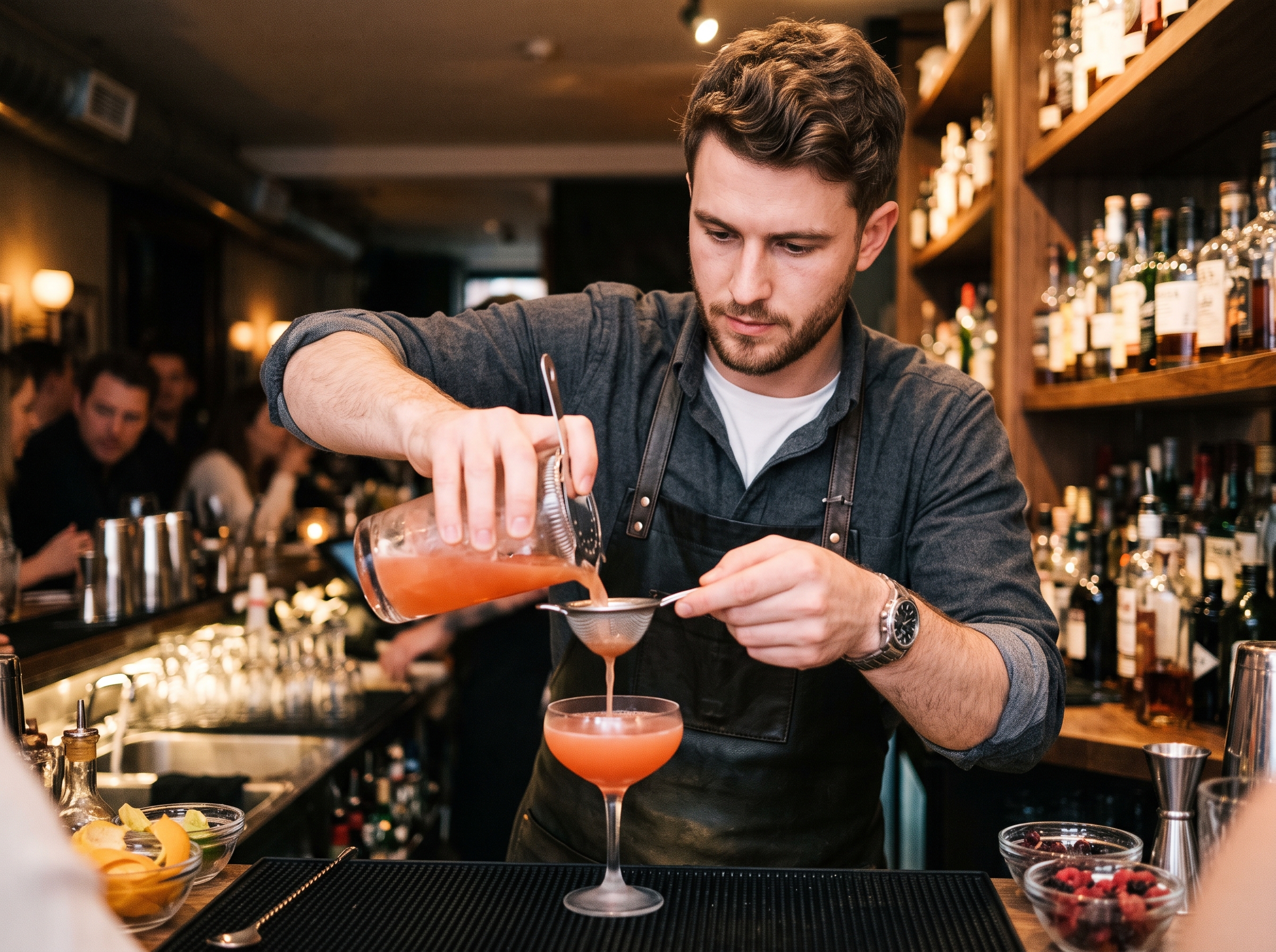 Un barman sirve un cóctel que acaba de preparar