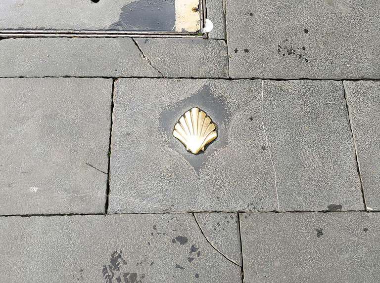 Concha de bronce que marca el Camino de Santiago, calle Ancha, León